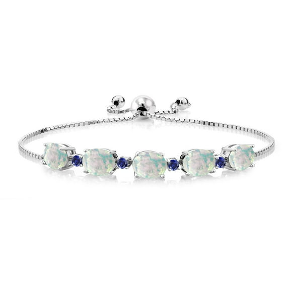 Gem Stone King 5.20 Cttw Oval Cabochon White Simulated Opal and Blue Created Sapphire Tennis Bracelet for Women | 8X6MM Oval and 2.5MM Round | Fully Adjustable up to 9 inch