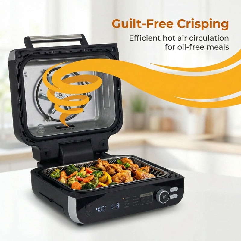 Gianna Electric Grill Outdoor/Indoor, 8-in-1 Multifunctional Large Electric BBQ Grill for Air Fry, Bake, Roast, Steak, Broil and Dehydrate, Safe Non-Stick Coating, Fry Basket Included