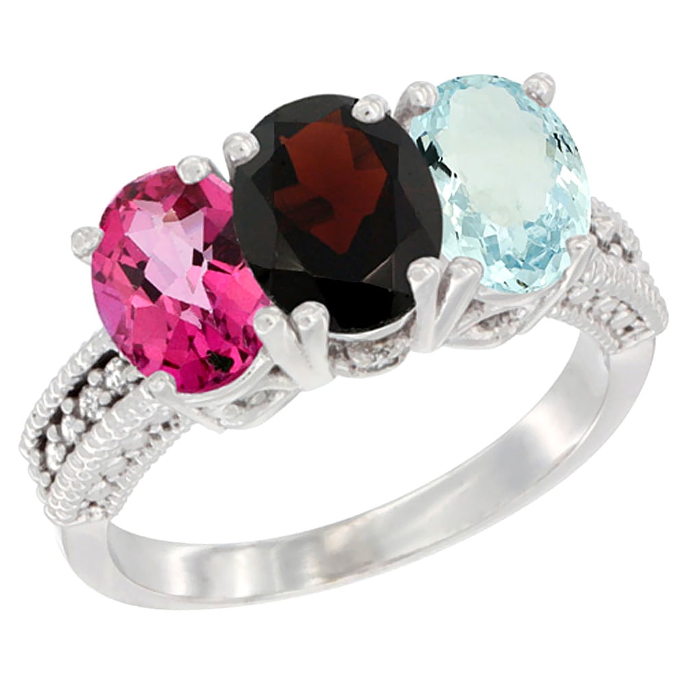 10K White Gold Natural Pink Topaz, Garnet & Aquamarine Ring 3-Stone Oval 7x5 mm Diamond Accent, sizes 5 10 by WorldJewels