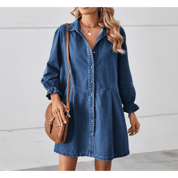 Women's Button Down Denim Shirt Dress Lantern Long Sleeve Tiered Baydoll Jean Mini Dress