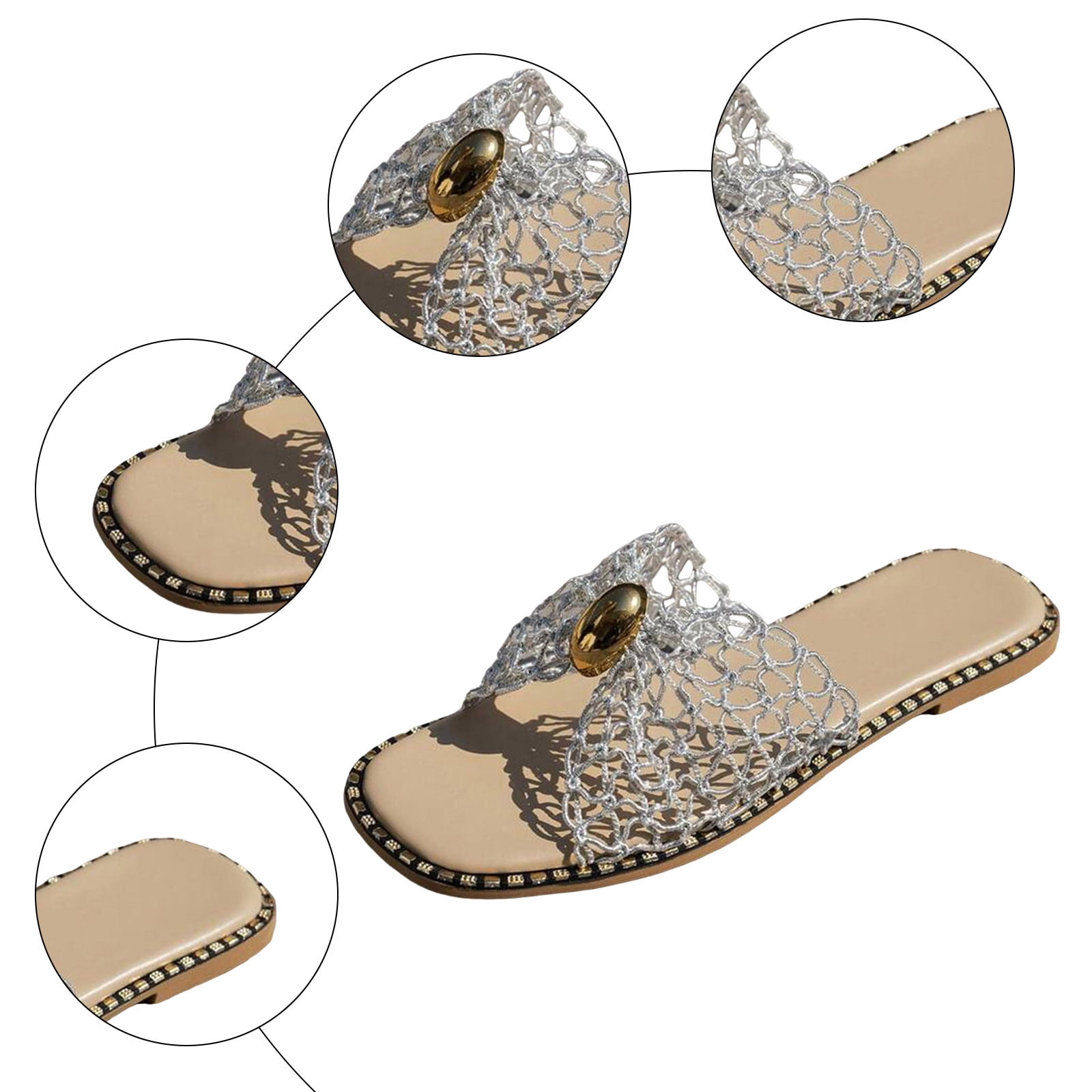 Rokment Flat Slip on Slides Sandals for Women Ladies 2026 Trendy Casual Bow Crochet Open Tow Low Heels Mules Summer Dress Slippers Vacation Silver Size 8