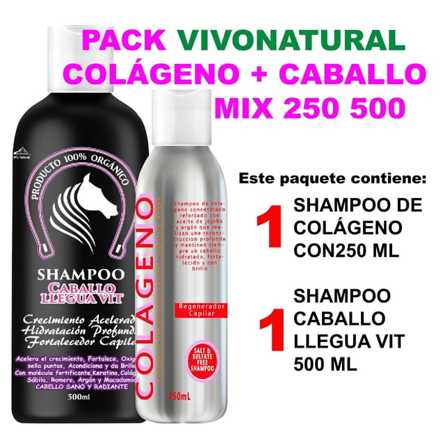 COLÁGENO + CABALLO MIX 250 500 VIVONATURAL. 1 Shampoo con Colágeno VIVONATURAL de 250 ml y 1 Shampoo Caballo LleguaVit VIVONATURAL DE 500 ml