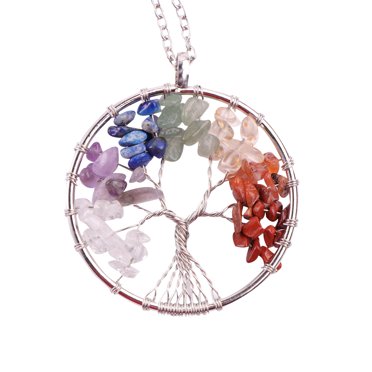 Natural Gravel Crystal Tree Pattern Necklace Natural Stone Fortune Tree Creative Pendant Jewelry for Women Girls (Colorf