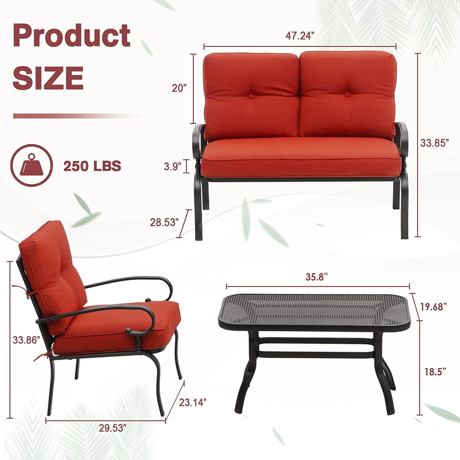 SUNCROWN 4 Pieces Outdoor Metal Furniture Patio Conversation Set Loveseat, 2 Dining Chairs and Coffee Table for Lawn Front Porch Garden, Red Cushions