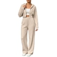 thumbnail image 2 of Cameland Womens 2 Piece Lounge Sweat Sets Women's Knitted Sports Set Slim Zipper Hoodie And Wide Leg Pants Casual Set Beige XL, 2 of 6