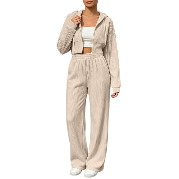 QINGFSAP Womens Ribbed Knit Two Piece Lounge Set Cropped Zip Up Hoodie and Wide Leg Pants Drawstring Casual Tracksuit
