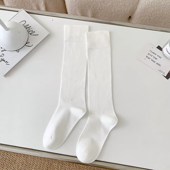 Nvzi -b 3 Pairs Casual Tube Socks Cotton Knee High Socks for Women Solid Knit Knee Long Stocking All Season Gift，Stretch，Soft（White）