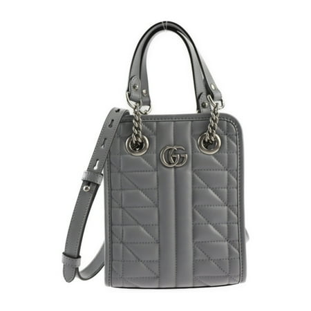 Pre-Owned GUCCI GG Marmont Handbag 696123 Leather Gray Silver Hardware 2WAY Shoulder Bag Quilting (Like New)