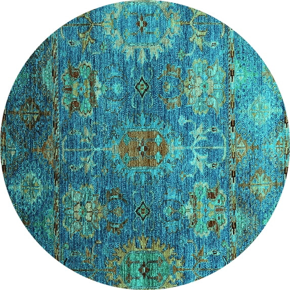 Ahgly Company Machine Washable Indoor Round Oriental Turquoise Blue Industrial Area Rugs, 7' Round