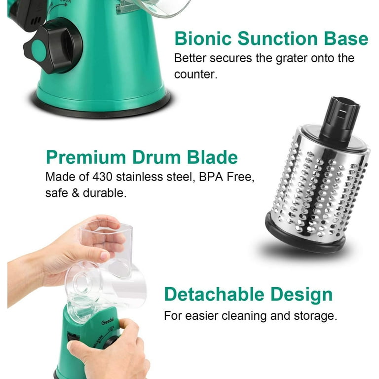 Ktinnead Cheese Grater Rotary, 3 in 1 Cheese Grater with Handle, Food  Shredder with Strong Suction Base, Stainless Steel Cheese Slicer Rotary  Grater for Kitchen Cheese, Vegetables, Nuts(Green) 