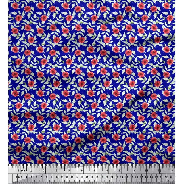 Soimoi Satin Silk Fabric Leaves & Poppy Floral Print Fabric by Yard 42 Inch Wide
