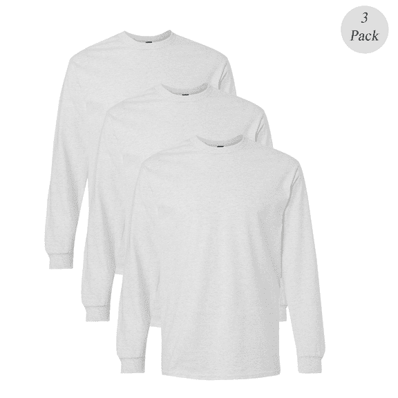 Gildan Men's Ultra Cotton Long Sleeve T-Shirt, Crew Neck Bulk Durable Tee, Ash Color, 3-Pack, S