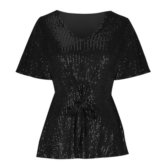 Tawop T Shirts for Women Womens Tee Shirts Short Sleeve V Neck Sequin Black L(Us:10)