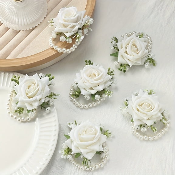 6PCS White Wedding Wrist Corsages for Bridesmaids, Pearl Wristlet Bracelet Corsage Set, Artificial Rose Wrist Flowers for Wedding Ceremony, Prom, Party, Anniversary, Bridal Accessories