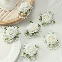 6PCS White Wedding Wrist Corsages for Bridesmaids, Pearl Wristlet Bracelet Corsage Set, Artificial Rose Wrist Flowers for Wedding Ceremony, Prom, Party, Anniversary, Bridal Accessories