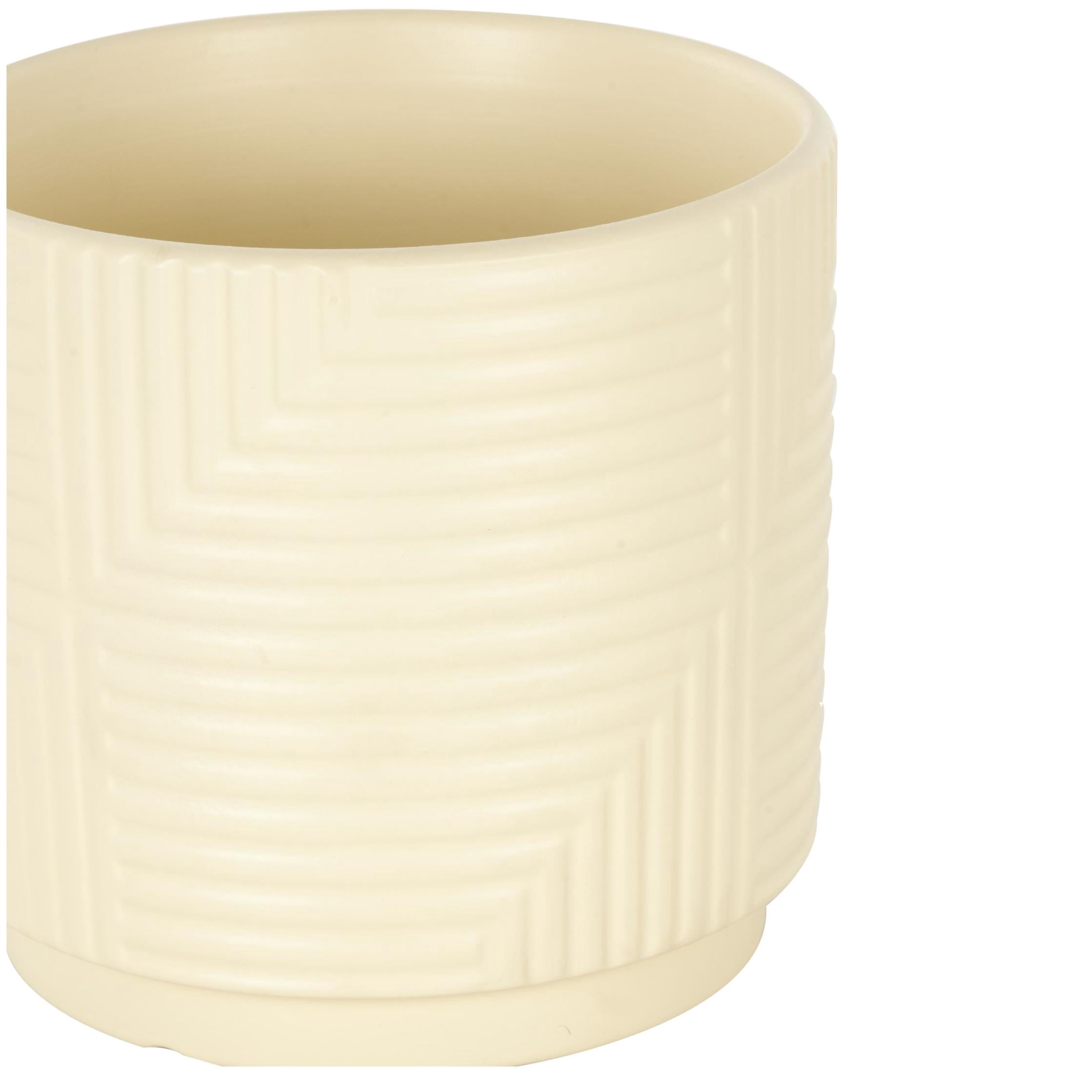 DecMode 7", 6", 5"W Cream Ceramic Geometric Planter with Layered Square Shaped Grooves (3 Count)