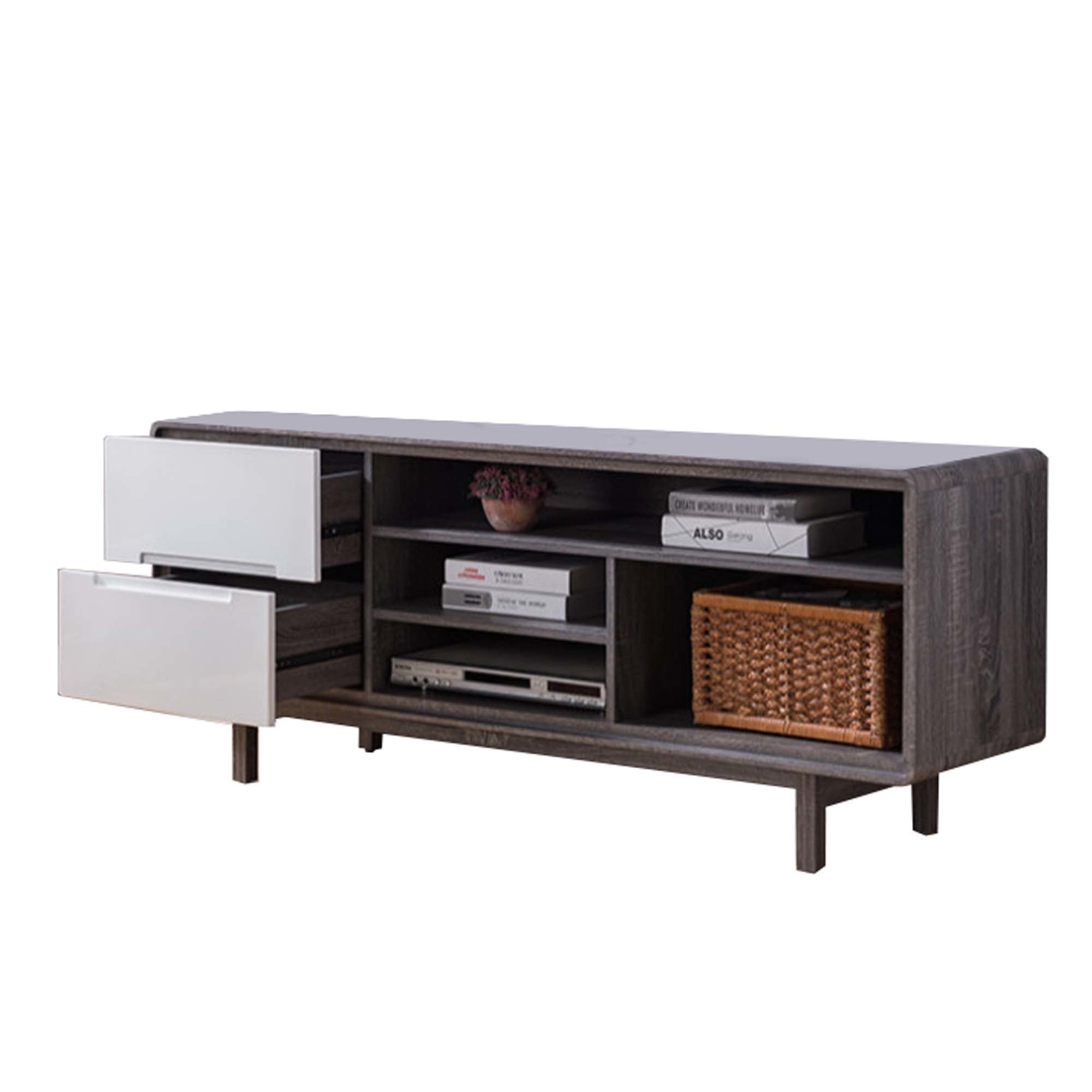 Dual Tone Wooden Tv Stand with Two Drawers and Four Open Shelves, Gray