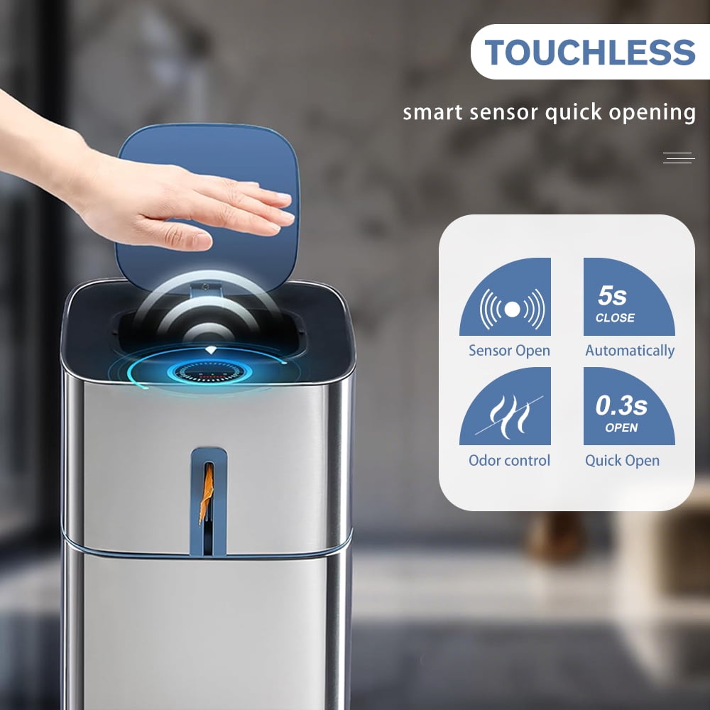 Joybos 3 Gallon Motion Sensor Hands Free Soft Close Lid Bathroom Stainless Steel Trash Can with 120 Bags