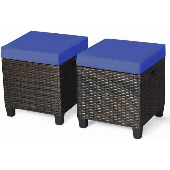DORTALA 2 Piece Patio Wicker Ottomans, 2 in 1 Outdoor PE Rattan Side Table & Footstool Foot Rest with Cushions for Couch, Chair, Navy Blue