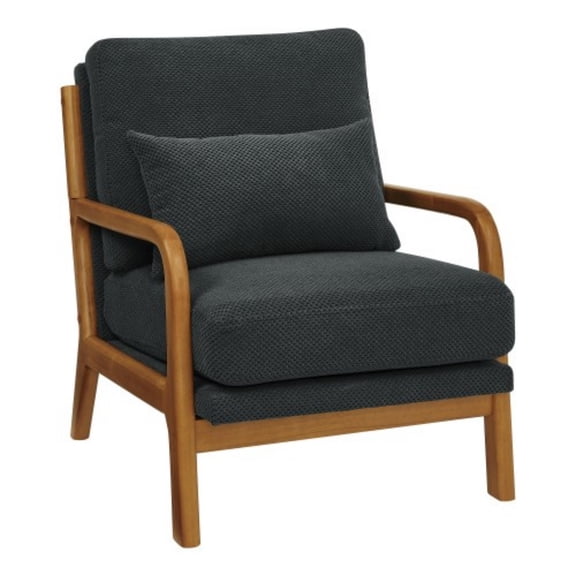 Wooden Lounge Accent Chair with Solid Wood Armrests, Upholstered Reading Chair with High-Density Foam Cushion, Modern Leisure Armchair for Living Room, Bedroom, Balcony & Office, Dark Gray