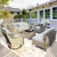 thumbnail image 4 of Ovios 8 Pieces Outdoor Patio Furniture Swivel Set with Rocking Chair All-Weather Wicker Conversation Sectional with Solar Lamps Coffee Table for Balcony, 4 of 5