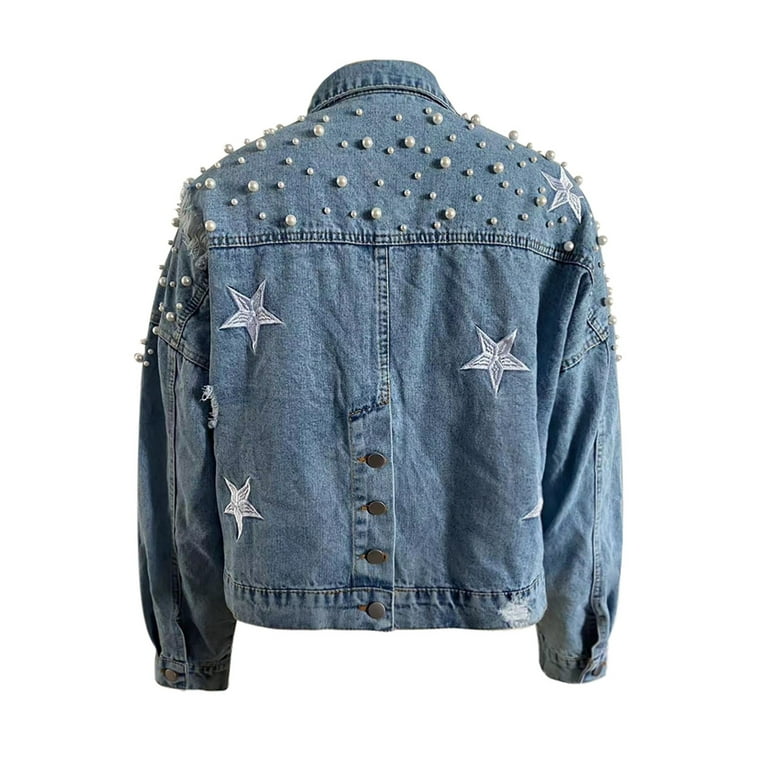 BOOMILK Women Long Pearl Beaded Denim Jacket Ripped Star BOOMILK Women Long Pearl Beaded Denim Jacket Ripped Star
