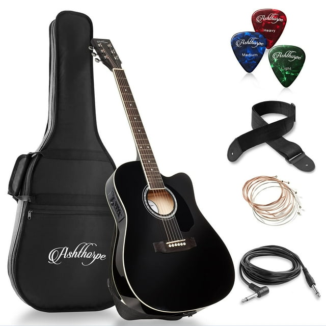 Paquete de guitarra acústica-eléctrica Ashthorpe Cutaway Thinline de tamaño completo - Maderas tonales premium - Negro