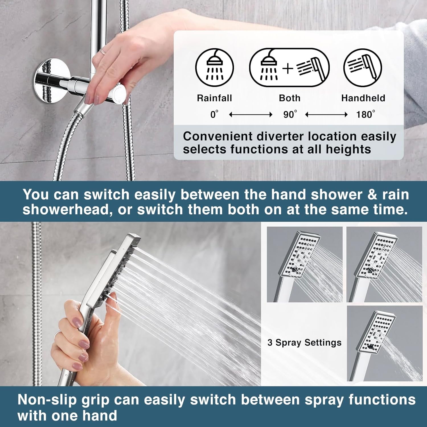 BRIGHT SHOWERS Rain Shower Heads System, Rainfall Shower Head with Handheld Spray Includes Solid Brass Slide Bar, Height Adjustable Holder, Shower Extension Arm, Chrome