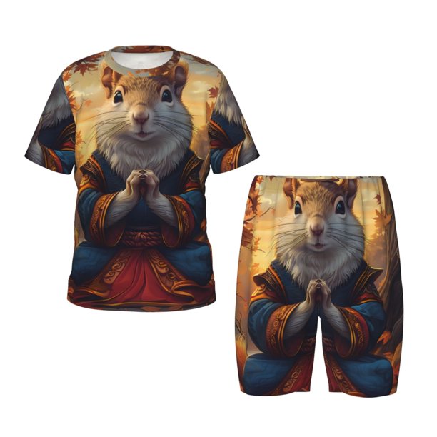 Fotbe Maple Leaf Meditating Squirrel Pijama Estampada de 2 Piezas para Niños – Ropa de Dormir de Manga Corta Cómoda para Niños y Niñas, Camiseta y Shorts de Algodón-Medium