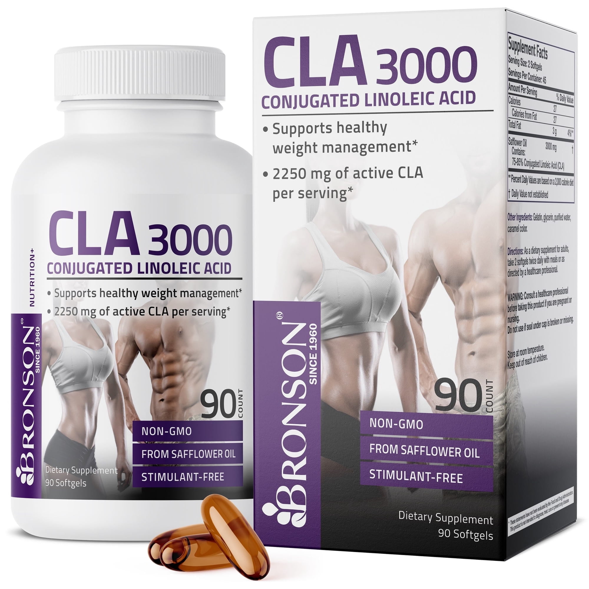 Bronson CLA 3000 Weight Management Non-Stimulating Conjugated Linoleic Acid, Non GMO Safflower Oil, 90 Softgels