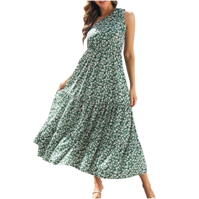 Vestido largo de playa para mujer, bohemio, de verano, con un hombro, sin mangas, con cordones, fluido, escalonado, para fiesta, playa Pompotops ghjkhdj4087