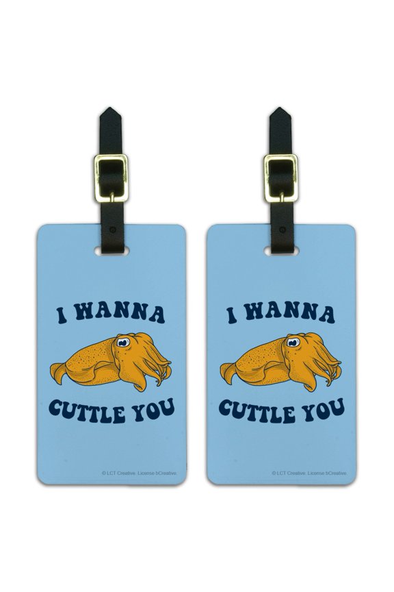 I Wanna Cuttle You Want to Cuddle Fish Funny Humor Luggage ID Tags Suitcase Carry-On Cards - Set of 2
