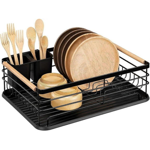 Dish Drainer Rack - Plate, Silverware, Pots and Pans Drying Rack for Kitchen with Beechwood Handles