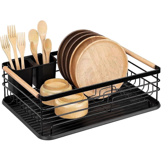 Dish Drainer Rack - Plate, Silverware, Pots and Pans Drying Rack for Kitchen with Beechwood Handles