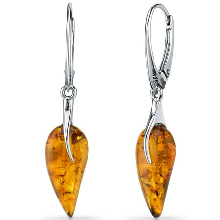 - French Clip Shape Baltic Amber Sterling Silver Drop Earrings Rhodium Finish
