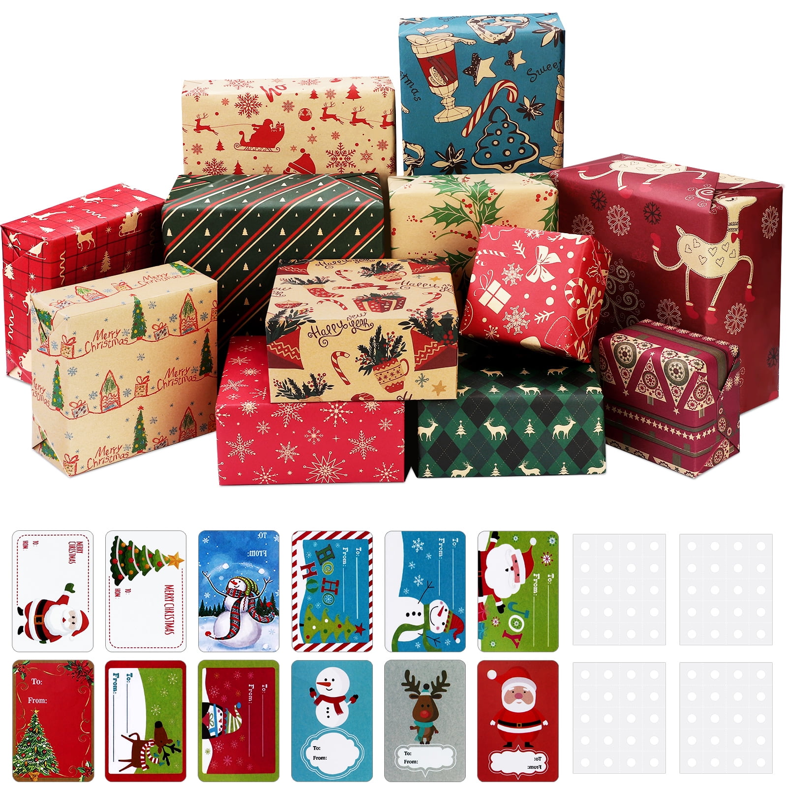 Fovths 12 Sheets Christmas Wrapping Paper 70 x 50 cm Recyclable Kraft ...
