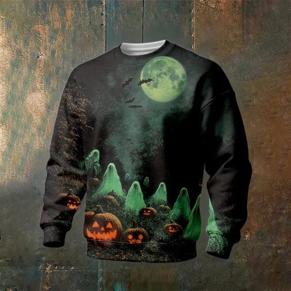 Men's Halloween Sweatshirt Haunted House Pullover Long Sleeve Scary Ghost Pumpkin Shirt Casual Spooky Graphic Top Ginger 2XL