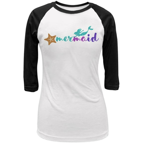 Sparkle Mermaid Juniors 3/4 Sleeve Raglan T Shirt White-Black SM