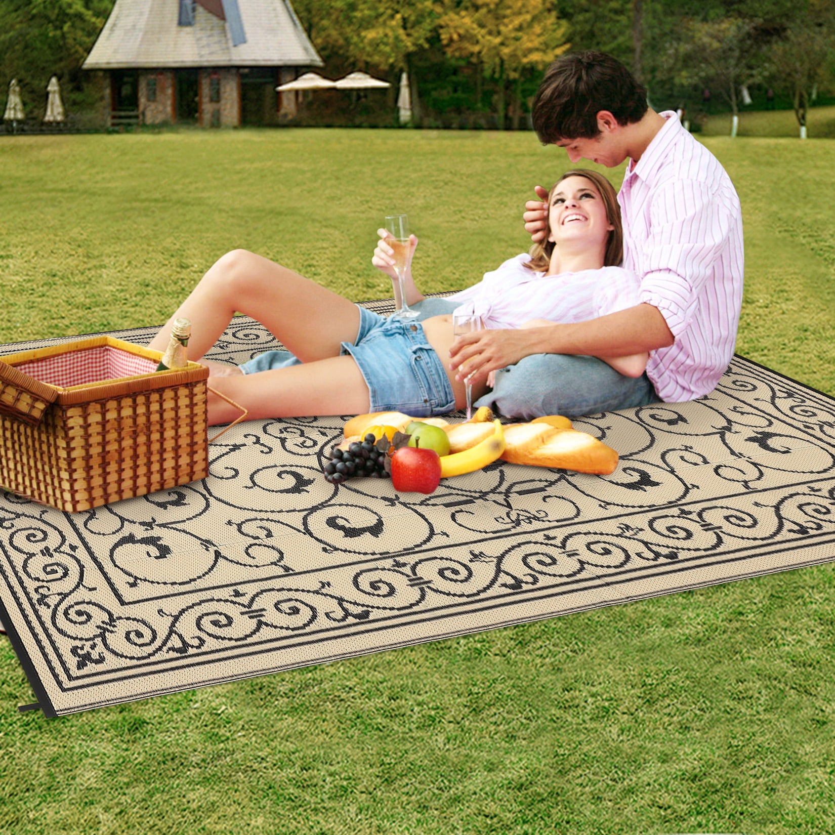 Nanan 9x18 Outdoor Rug, Waterproof UV Protected Fade Resistant Reversible Plastic Straw Patio Mat for RV, Camping, Deck, Yard, Garden, Balcony, Poolside, Black Brown