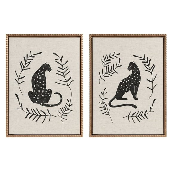 Kate and Laurel Sylvie Beaded Jungle Black Neutral Linen Bright and Jungle Black 2 Neutral Linen Bright Vintage Framed Canvas Wall Art Set by Alexander Ginzburg, 2 Piece Set 18x24 Gold, Animal Art Set