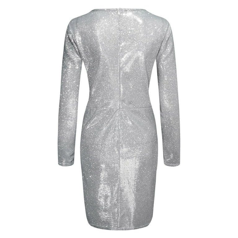 Kohls long silver petite summer dresses Summer Dress Women Sequins V neck Long Sleeve Self Cultivation Dresses Slim Elegant Ladies Party Dress Silver