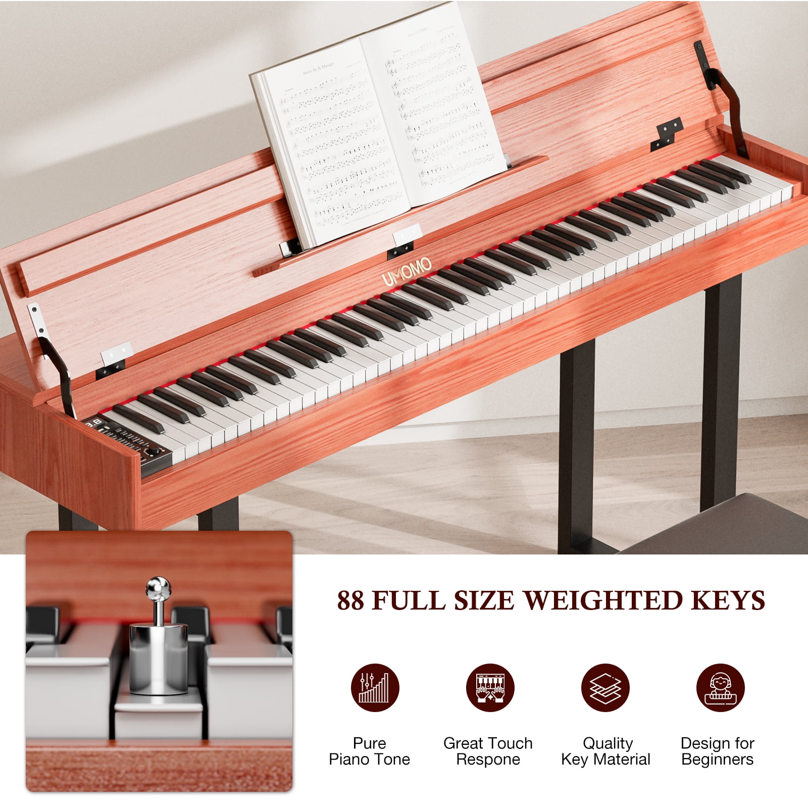 UMOMO 88 Weighted Key Digital Piano with Metal Stand, Beginner Keyboard Piano with Piano Bench, Full Size Heavy Hammer Weighted Action Electric Piano Keyboard with USB MIDI, Brown