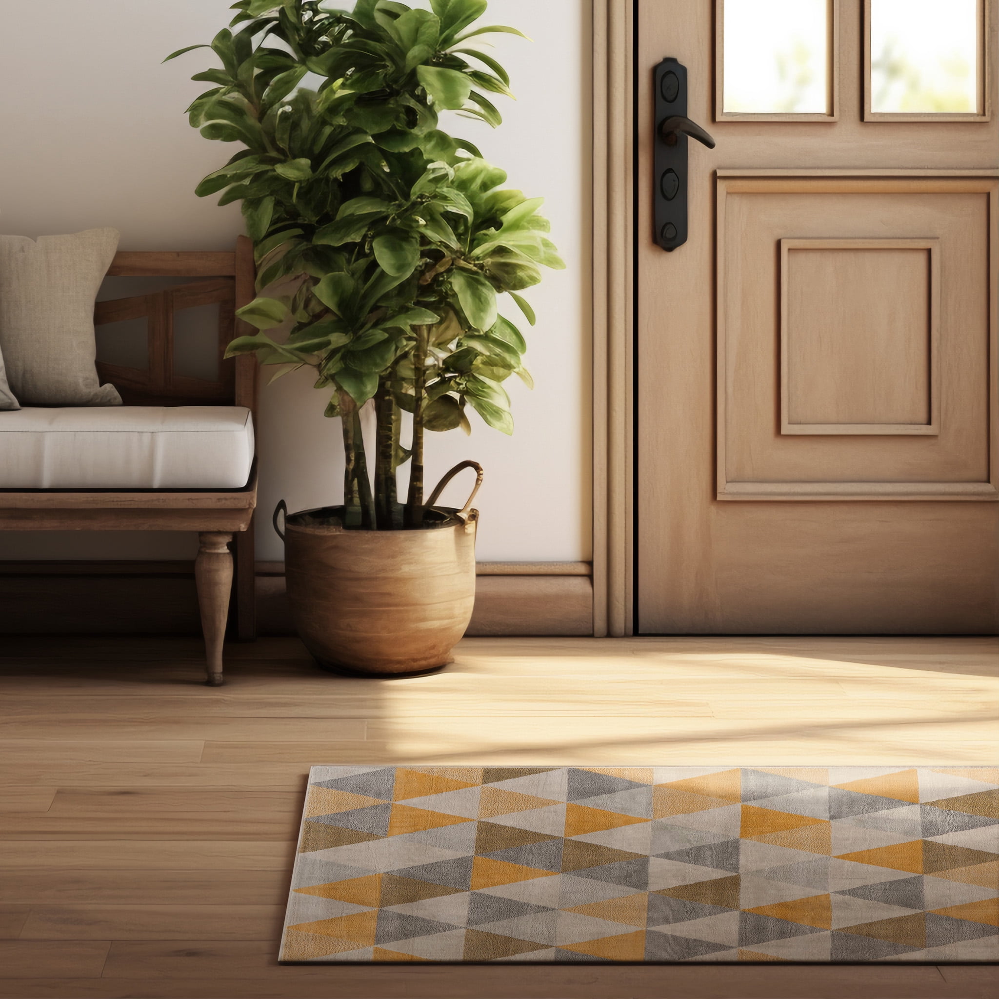 Tapis Branch Savannah 2' x 7' (Taille exacte : 2'3" 7') de couloir moderne du milieu siècle, jaune beige, géométrique pour entrée, couloir, salle bain et cuisine
