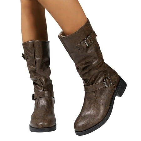 

Luxalzxs Winter Boots for Women Fashion Round Toe Buckle Strap Chunky Heels Non-Slip Mid-Calf Boots Retro Comfortable Casual Ladies Footwear Shoes