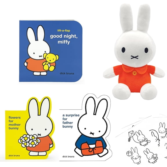 Miffy Gift Set Includes 3 Board Books by Dick Burna (Good Night, Miffy; Flowers for Mother; Miffy A Surprise for Father), Rabbit Bunny Stuffed Animal Book Character, and Coloring Pages