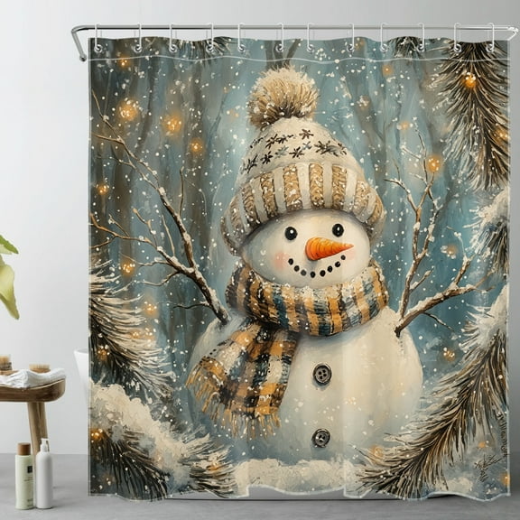 HVEST Winter Country Snowman Shower Curtain with Winter Forest Tree Design - Christmas Holiday Bathroom Decor, Waterproof Polyester Fabric, Includes 12 Hooks, 72x72 Inches
