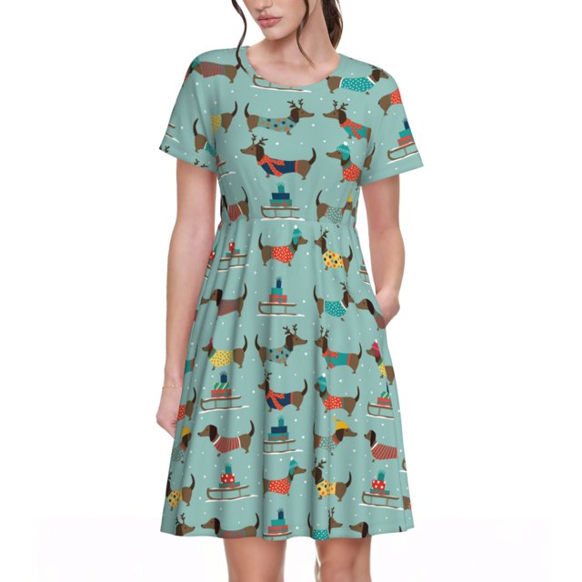 Disketp winter ski Dachshund para Vestido de Manga Corta para Mujeres, Vestidos de Verano para Mujeres, Casual y Holgado para la Playa