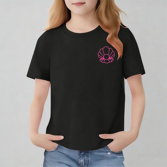 Amidoa Girls Short Sleeve Crewneck Summer Graphic T Shirts Casual Kids Tops Black Size 5T