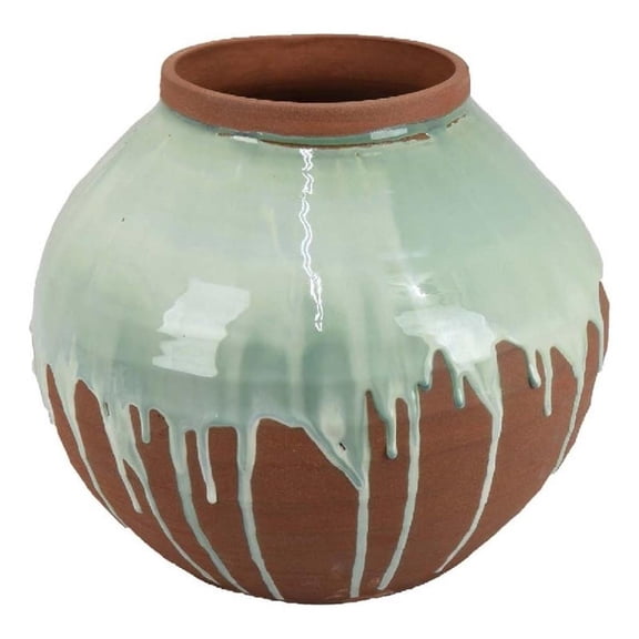Benjara Hino Decorative Vase- 13" Dripping Paint Texture- Brown Ceramic