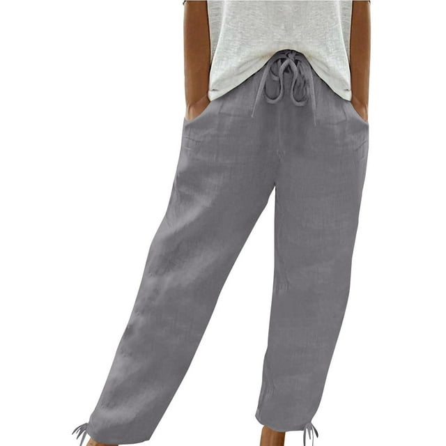 FNFYFH Clearance Cotton Linen Pants for Women Drawstring Wide Leg Pants with Pockets Solid Trousers,Gray